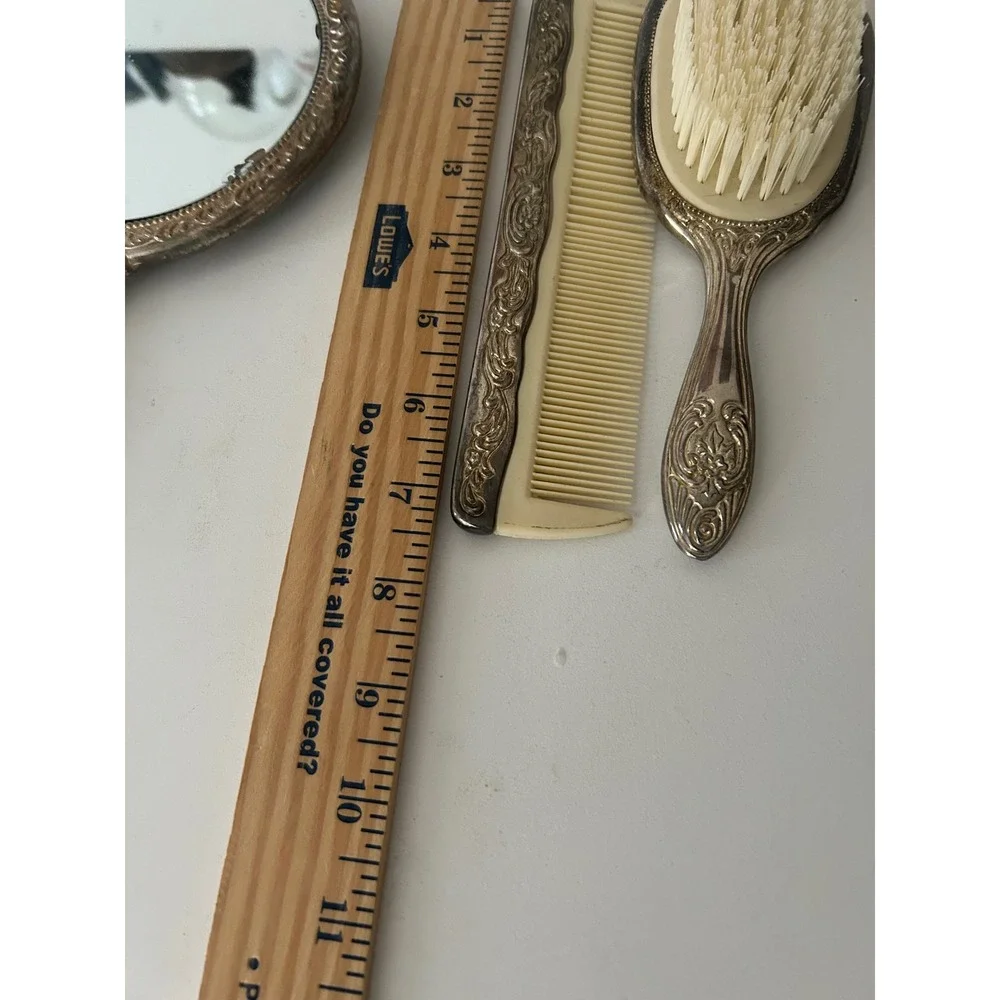 Vintage Silver Tone Ornate Repousse Vanity Set Mirror Brush Comb 3 Piece Floral